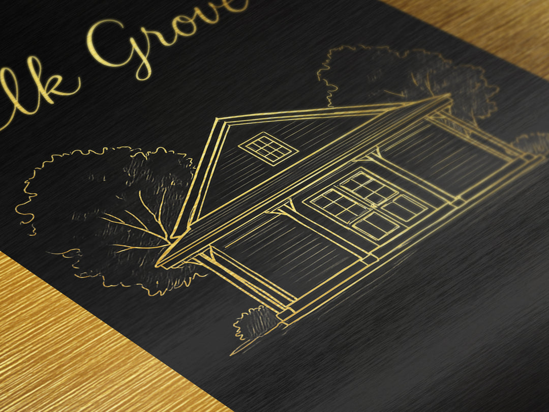 Elk Grove California Travel, Metallic Gold Art, Wood Framed Art, Metal Art, Modern House Art, Wanderlust Gift, Entryway Wall Print