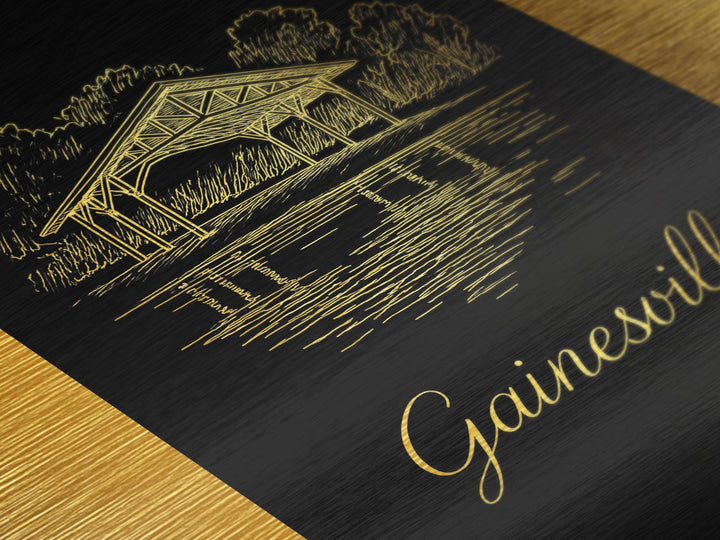 Gainesville Florida Art, Metallic Gold Print, Wood Framed Art, Metal Art, Modern House Art, Traveler Gift, Bedroom Art
