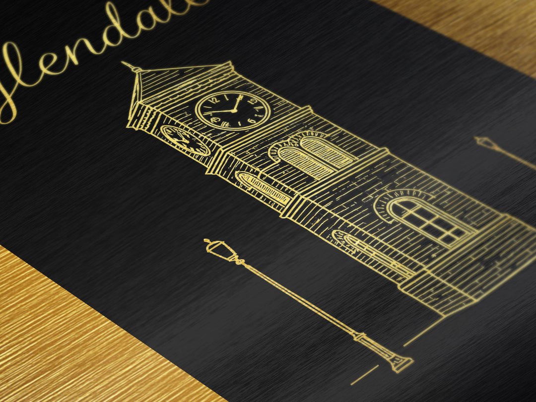 Glendale California Art, Metallic Gold Print, Wood Framed Art, Metal Art, Modern Skyline Wall Print, Traveler Gift, Bedroom Art