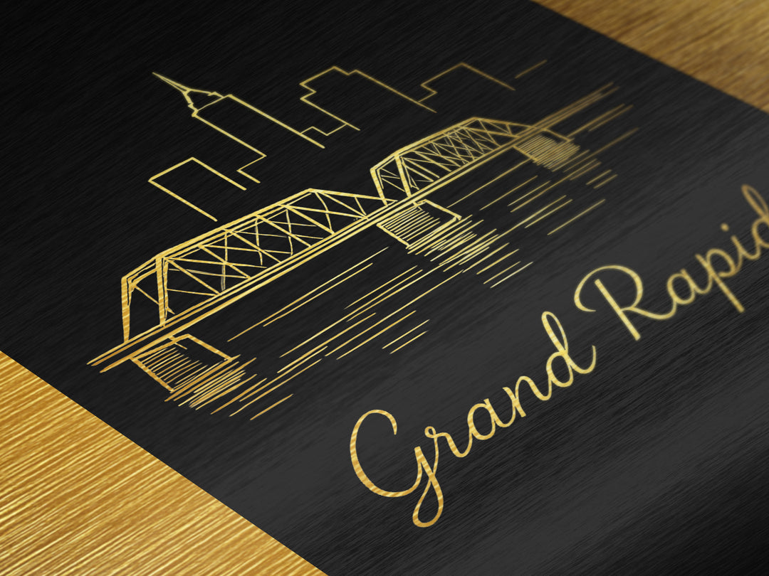 Grand Rapids Michigan Travel, Metallic Gold Print, Wood Framed Art, Metal Art, Modern Skyline Wall Print, Retirement Gift, Hallway Wall Art