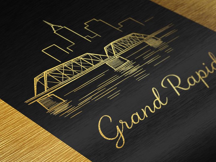 Grand Rapids Michigan Travel, Metallic Gold Print, Wood Framed Art, Metal Art, Modern Skyline Wall Print, Retirement Gift, Hallway Wall Art
