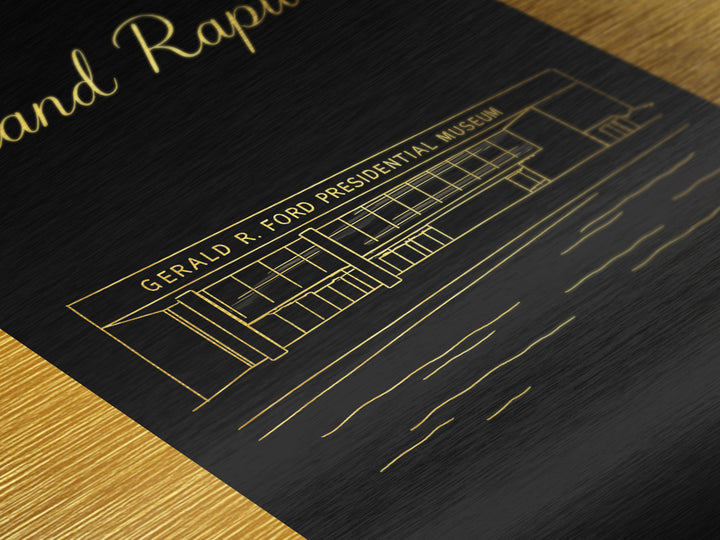 Grand Rapids Michigan Art, Metallic Gold Art, Wood Framed Art, Metal Art, Minimalist Wall Art, Traveler Gift, Living Room Art