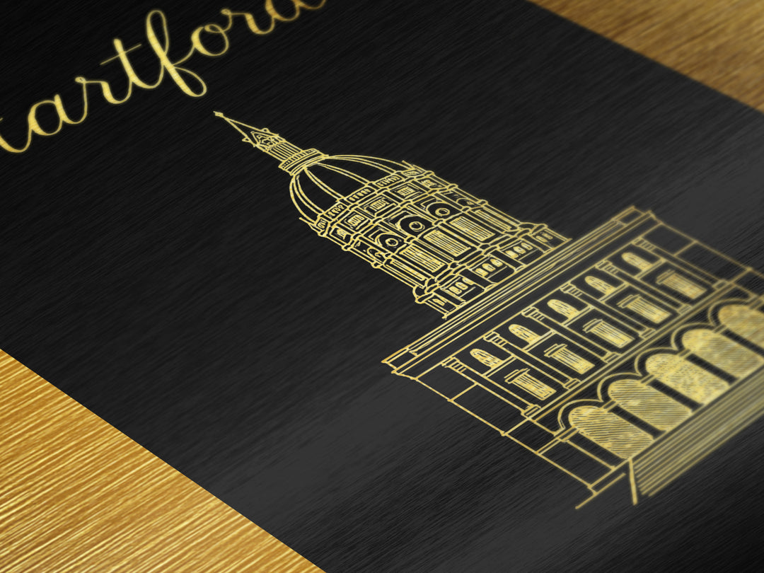 Hartford Connecticut Art, Metallic Gold Print, Wood Framed Art, Metal Art, Modern House Art, Wanderlust Gift, Living Room Art