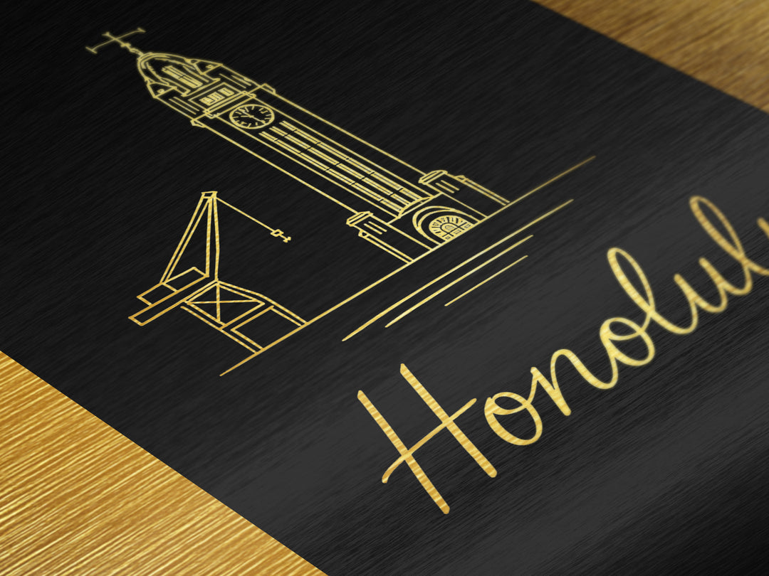 Honolulu Hawaii Travel, Metallic Gold Art, Wood Framed Art, Metal Art, Minimalist Wall Art, Honeymoon Gift, Bedroom Art