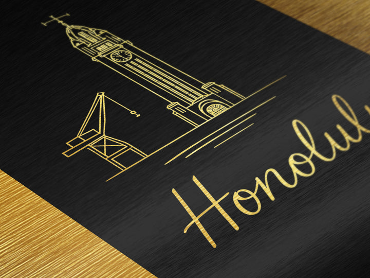 Honolulu Hawaii Travel, Metallic Gold Art, Wood Framed Art, Metal Art, Minimalist Wall Art, Honeymoon Gift, Bedroom Art