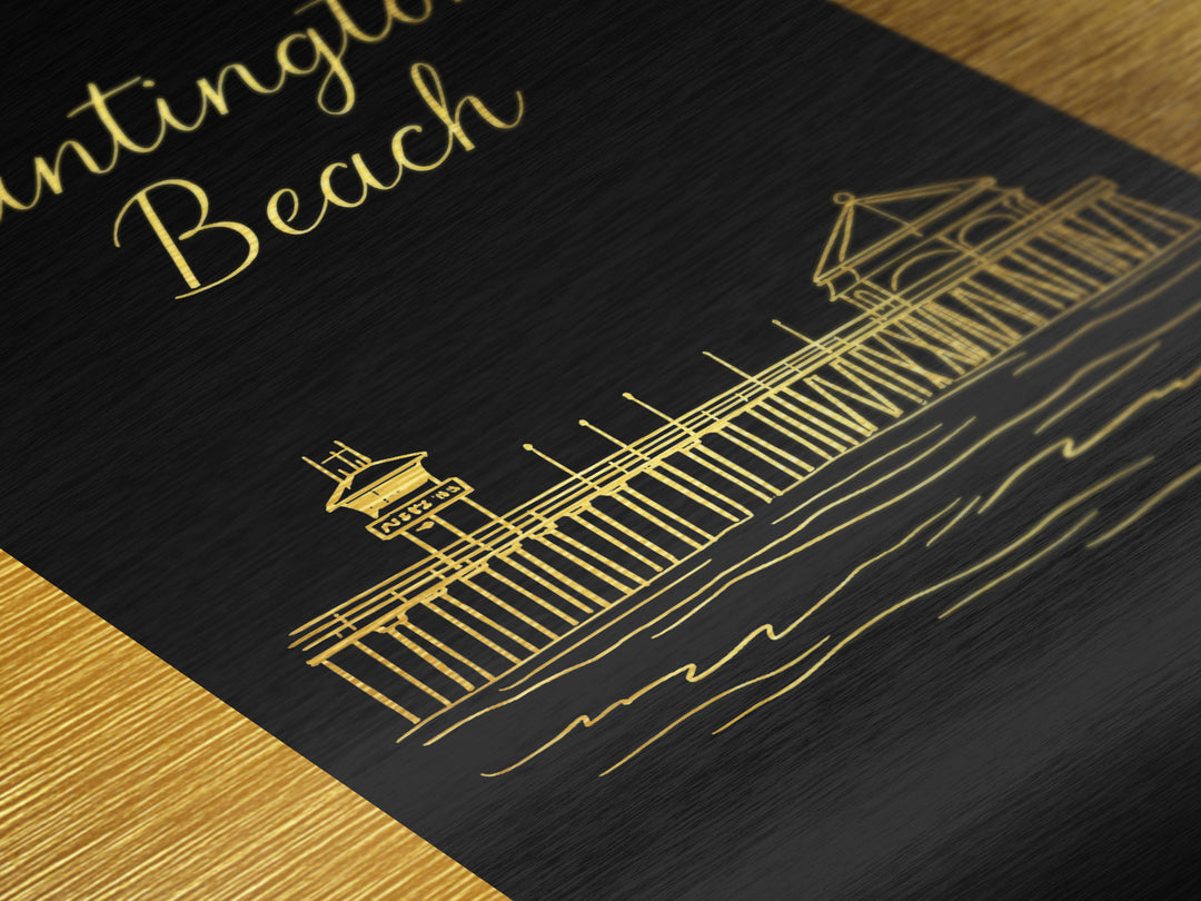 Huntington Beach California Art, Metallic Gold Print, Wood Framed Art, Metal Art, Modern House Art, Wanderlust Gift, Bedroom Art
