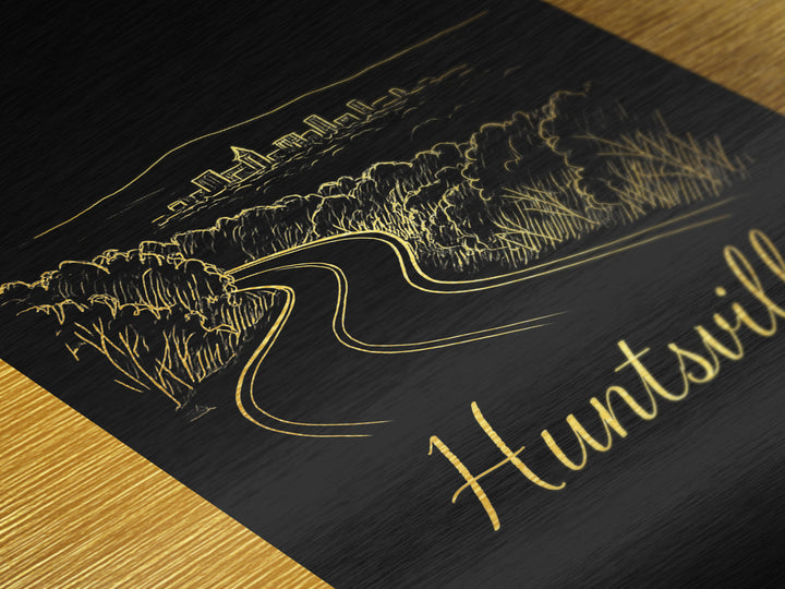 Huntsville Alabama Travel, Metallic Gold Art, Wood Framed Art, Metal Art, Modern Skyline Wall Print, Anniversary Gift, Living Room Art