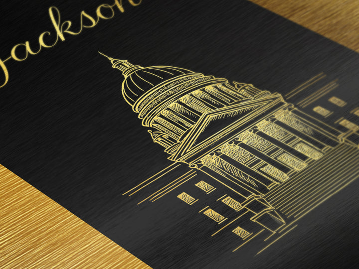 Jackson Mississippi Art, Metallic Gold Art, Wood Framed Art, Metal Art, Minimalist Wall Art, Destination Gift, Entryway Wall Print