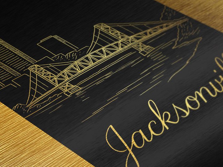 Jacksonville Florida Travel, Metallic Gold Print, Wood Framed Art, Metal Art, Modern Wall Art, Traveler Gift, Hallway Wall Art