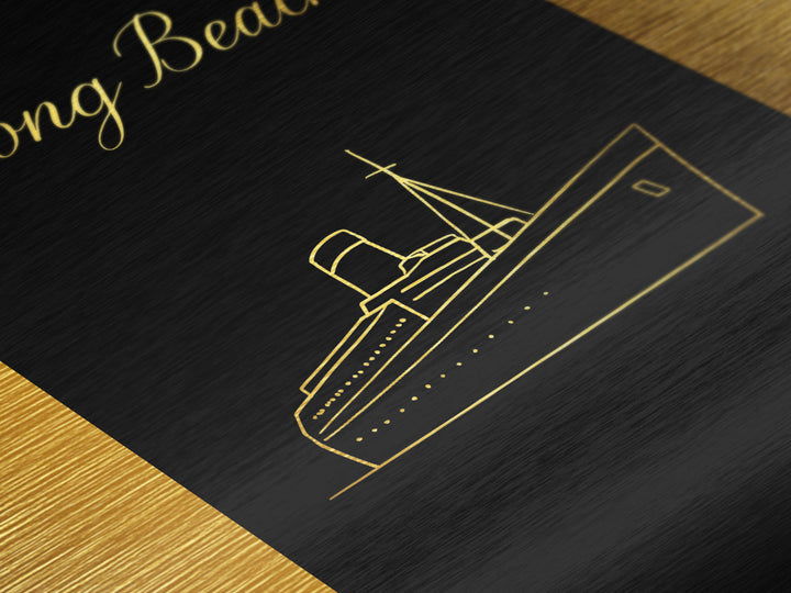 Long Beach California Travel, Metallic Gold Art, Wood Framed Art, Metal Art, Minimalist Wall Art, Destination Gift, Entryway Wall Print