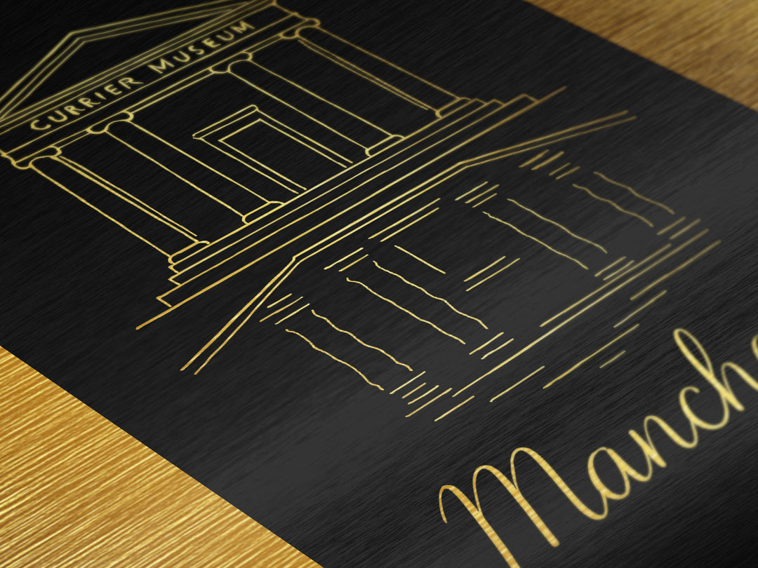 Manchester Connecticut Travel, Metallic Gold Print, Wood Framed Art, Metal Art, Destination Gift, Entryway Wall Print, Hallway Wall Art