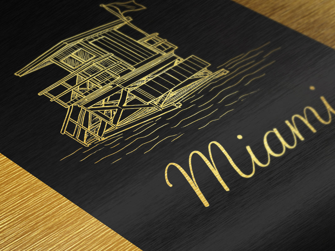 Miami Florida Art, Metallic Gold Print, Wood Framed Art, Metal Art, Adventure Lover Gift, Entryway Wall Print, Living Room Art