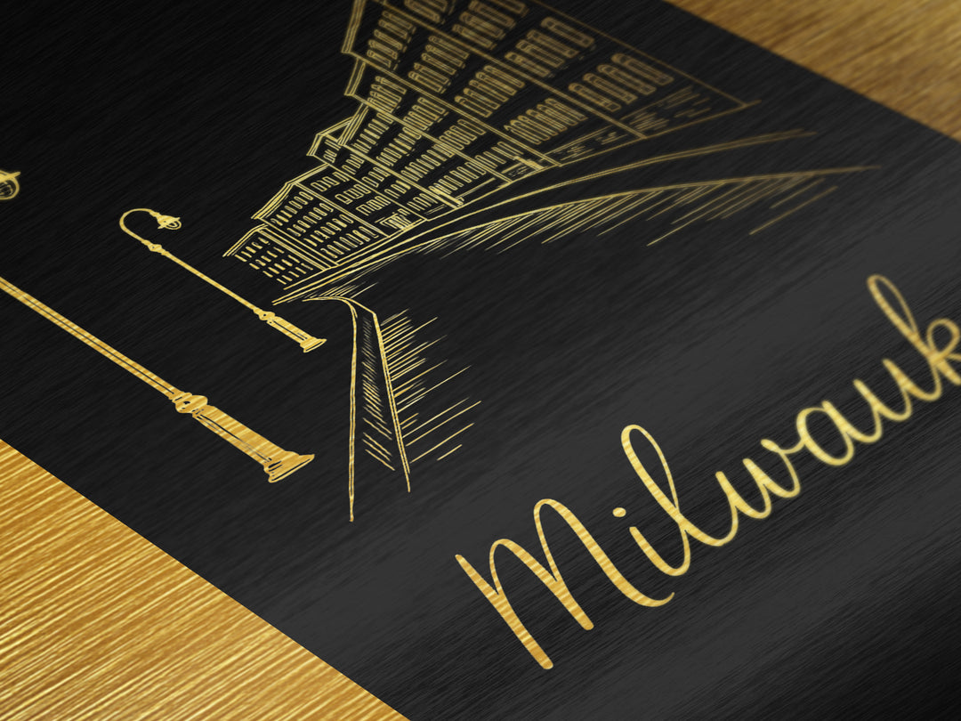 Milwaukee Wisconsin Art, Metallic Gold Print, Wood Framed Art, Metal Art, Birthday Gift, Living Room Art, Entryway Wall Print