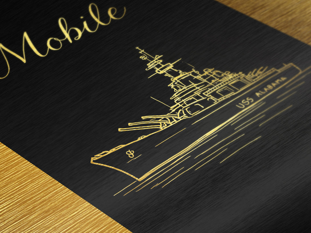 Mobile Alabama Travel, Metallic Gold Print, Wood Framed Art, Metal Art, Wanderlust Gift, Living Room Art, Bedroom Wall Art