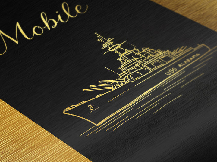 Mobile Alabama Travel, Metallic Gold Print, Wood Framed Art, Metal Art, Wanderlust Gift, Living Room Art, Bedroom Wall Art