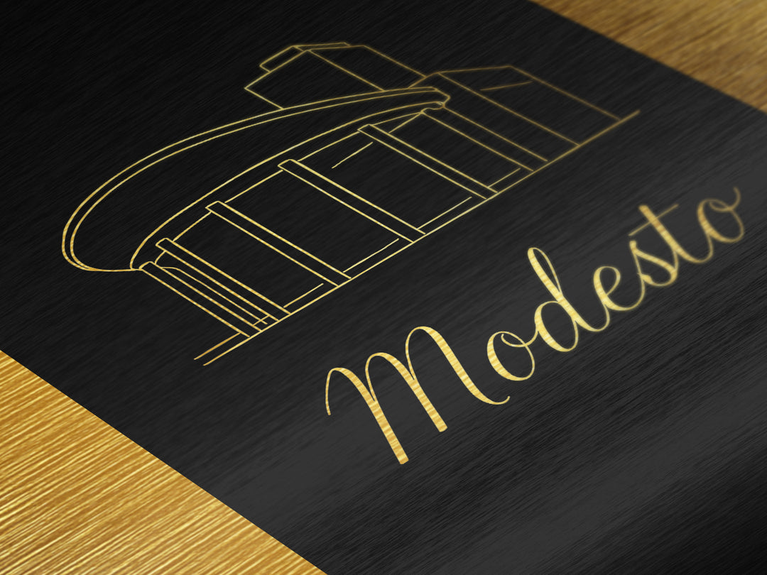 Modesto California Travel, Metallic Gold Print, Wood Framed Art, Metal Art, Graduation Gift, Bedroom Wall Art, Living Room Art