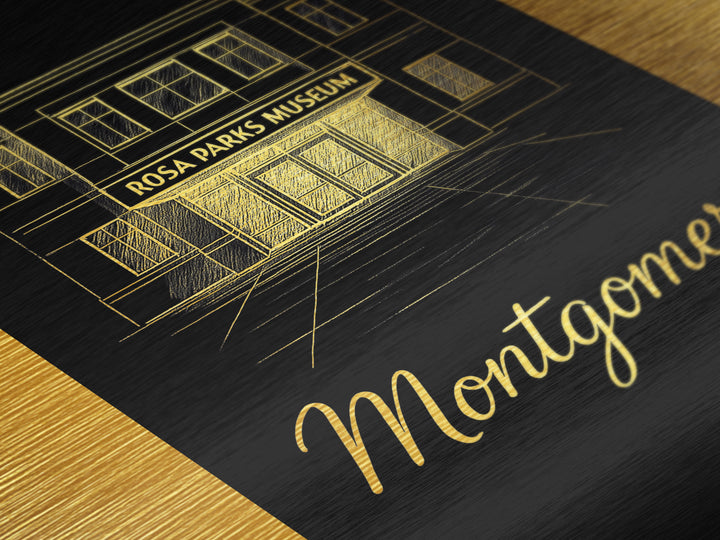 Montgomery Alabama Travel, Metallic Gold Print, Wood Framed Art, Metal Art, Honeymoon Gift, Living Room Art, Bedroom Wall Art