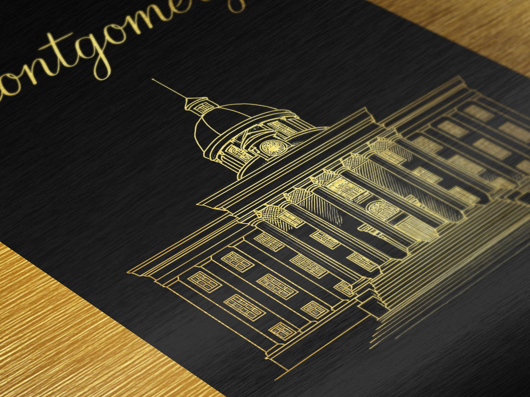 Montgomery Alabama Art, Metallic Gold Art, Wood Framed Art, Metal Art, Birthday Gift, Entryway Wall Print, Hallway Wall Art