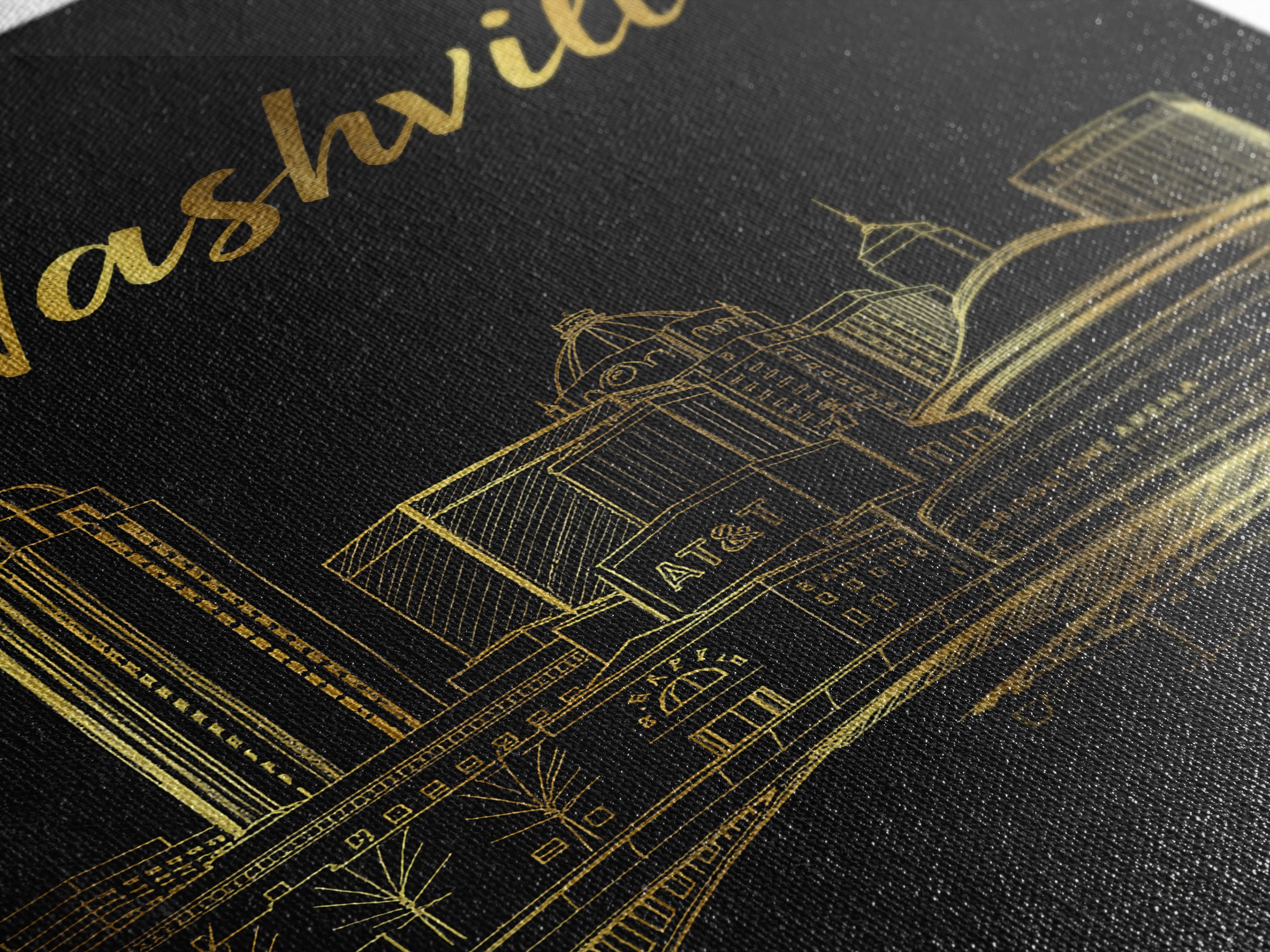 Nashville Tennessee Travel Poster, Canvas Print, Gold Outline Poster Art, Nashville Travel Art, City Art, Watercolor Downtown Skyline