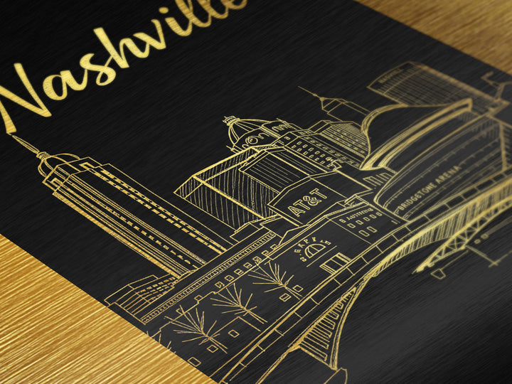 Nashville Tennessee Travel, Metallic Gold Art, Wood Framed Art, Metal Art, Minimalist Wall Art, Honeymoon Gift, Bedroom Art