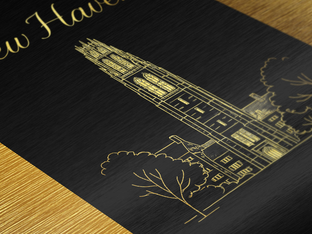 New Haven Connecticut Travel, Metallic Gold Print, Wood Framed Art, Metal Art, Minimalist Wall Art, Honeymoon Gift, Entryway Wall Print