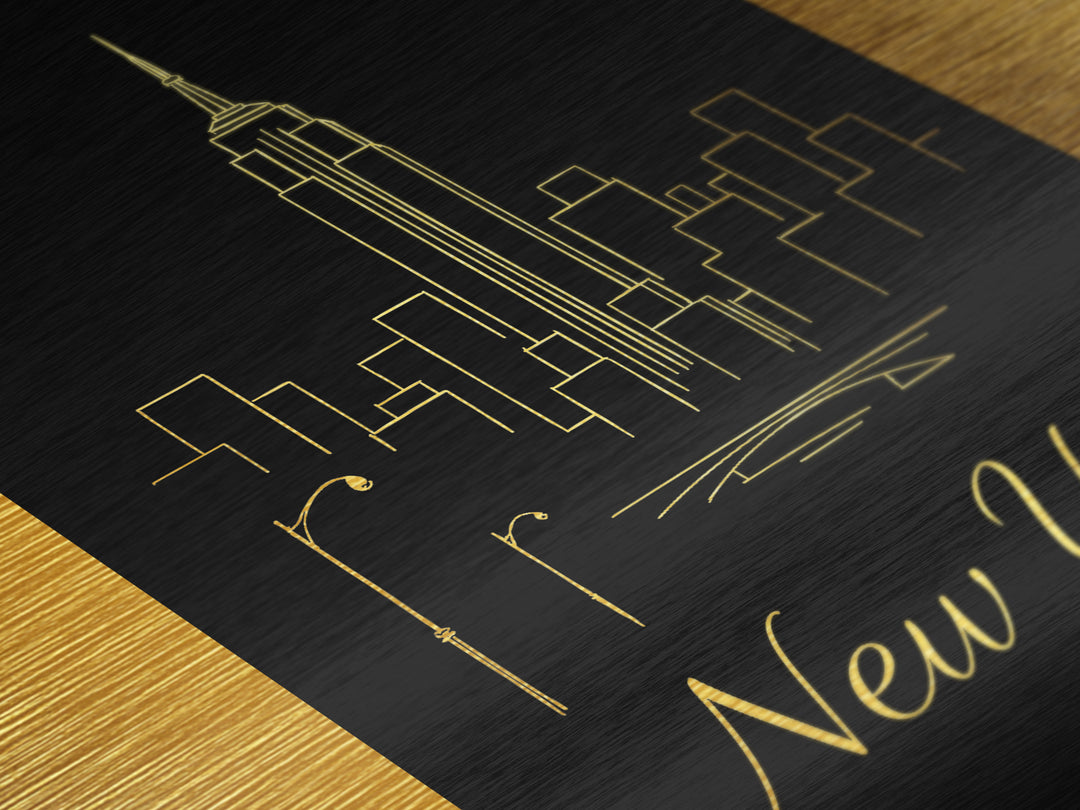 New York New York Art, Metallic Gold Art, Wood Framed Art, Metal Art, Minimalist Wall Art, Destination Gift, Living Room Art