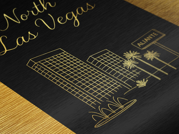 North Las Vegas Nevada Travel, Metallic Gold Art, Wood Framed Art, Metal Art, Minimalist Wall Art, Destination Gift, Living Room Art