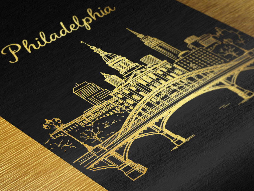 Philadelphia Pennsylvania Travel, Metallic Gold Art, Wood Framed Art, Metal Art, Retirement Gift, Bedroom Wall Art, Hallway Wall Art