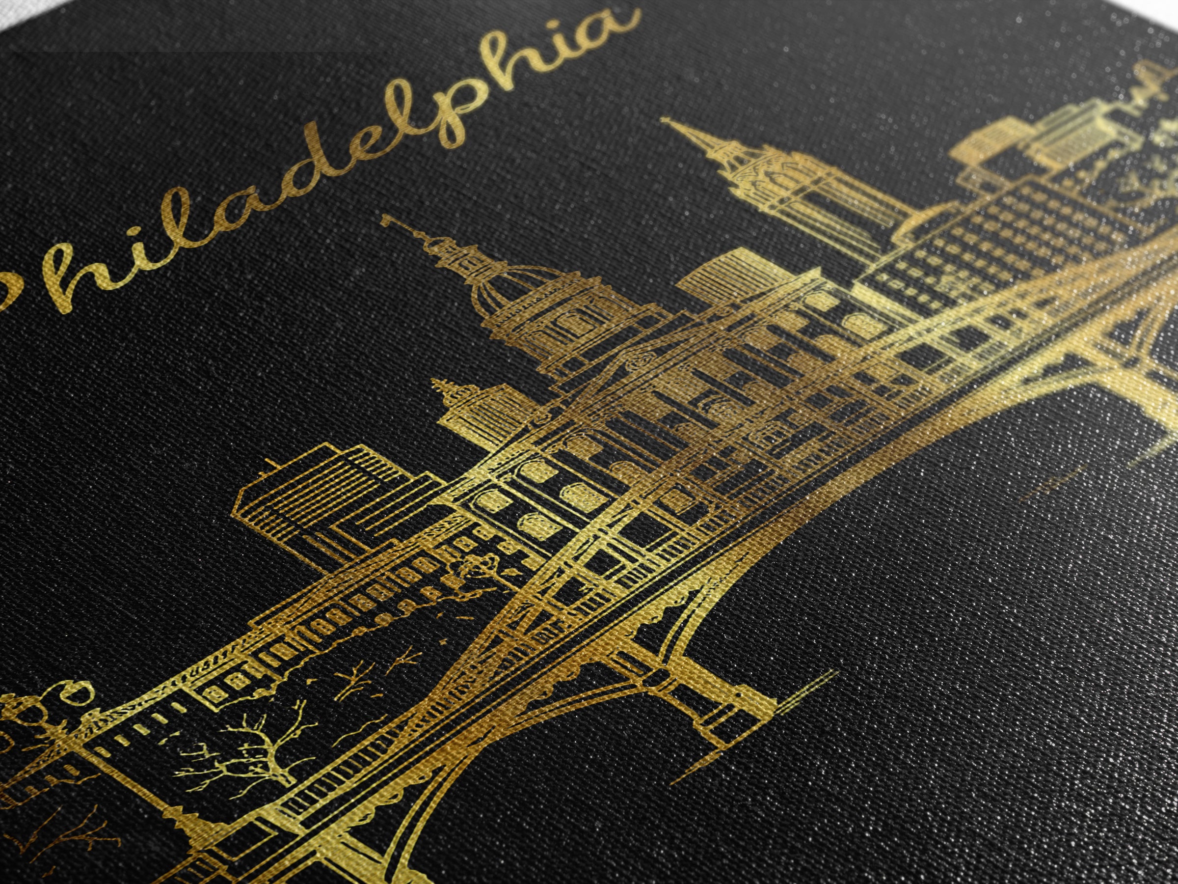 Philadelphia Pennsylvania Travel Poster, Canvas Print, Gold Outline Poster Art, Philadelphia Wall Art, Watercolor Skyline, City Illustration