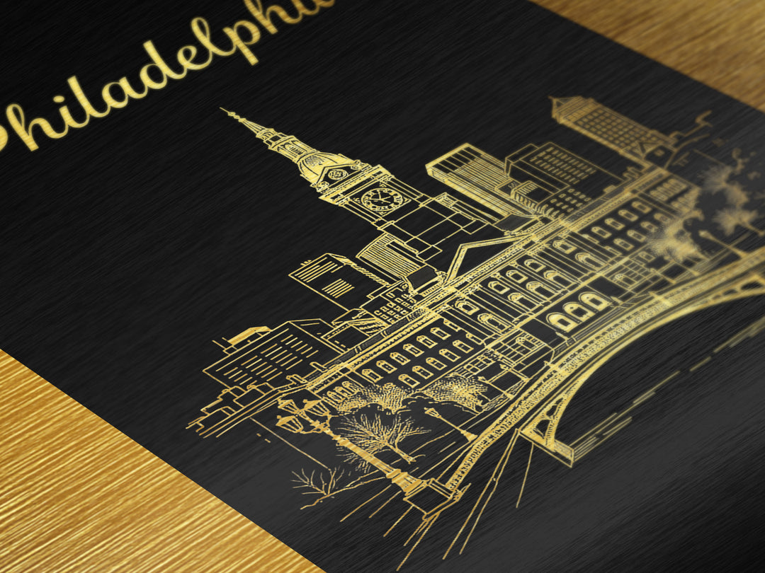 Philadelphia Pennsylvania Travel, Metallic Gold Art, Wood Framed Art, Metal Art, Minimalist Wall Art, Destination Gift, Bedroom Art