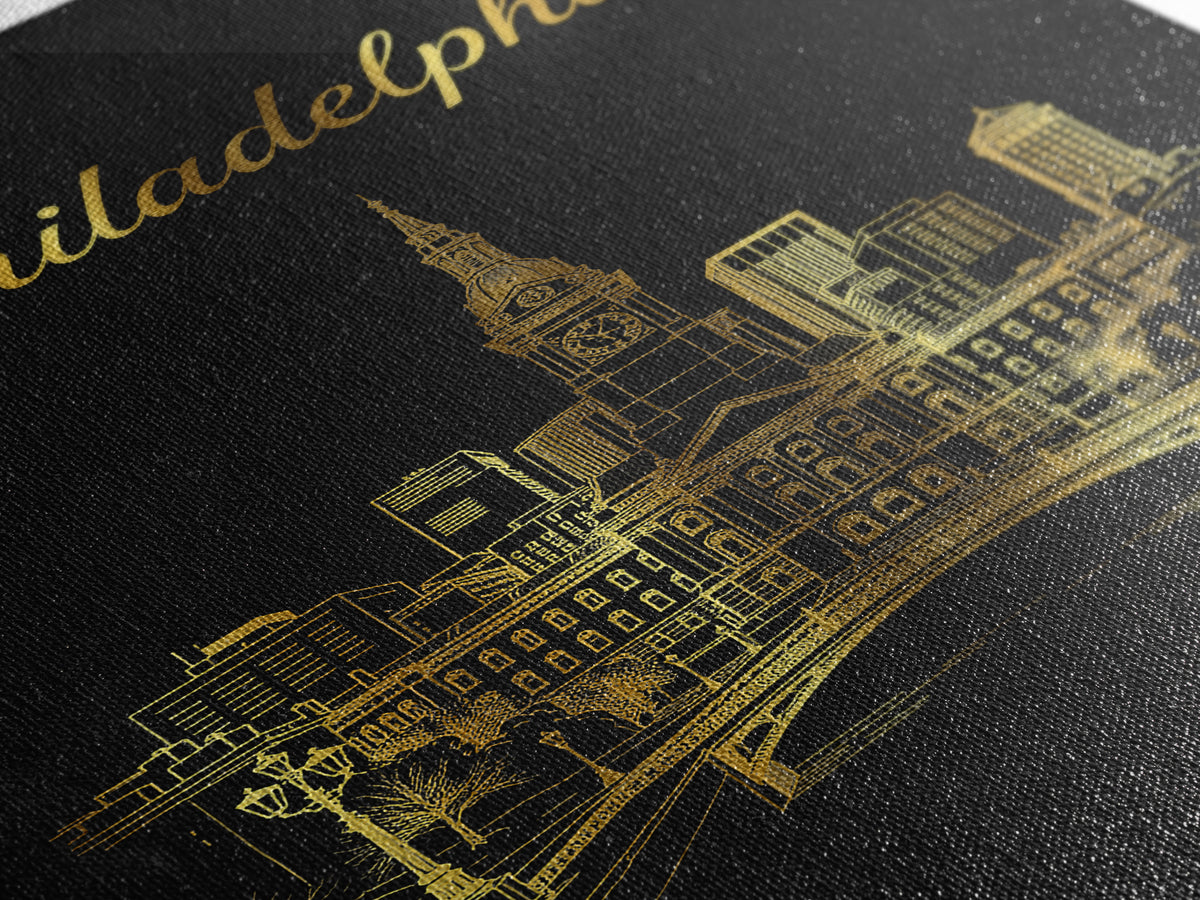 Philadelphia Travel Poster, Canvas Print, Gold Outline Poster Art, Philadelphia Poster Print, City Illustration, Home Office Decor