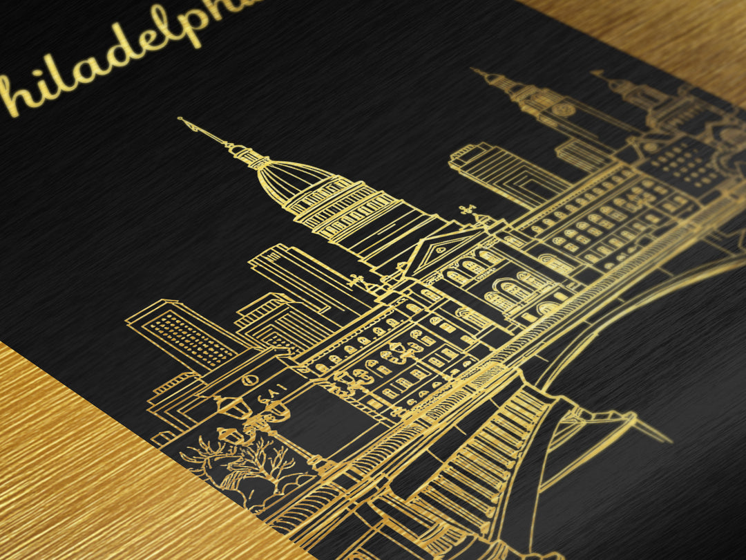 Philadelphia Pennsylvania Travel, Metallic Gold Art, Wood Framed Art, Metal Art, Traveler Gift, Bedroom Wall Art, Hallway Wall Art