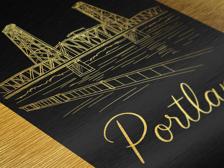 Portland Oregon Travel, Metallic Gold Print, Wood Framed Art, Metal Art, Modern Wall Art, Anniversary Travel Gift, Office Decor