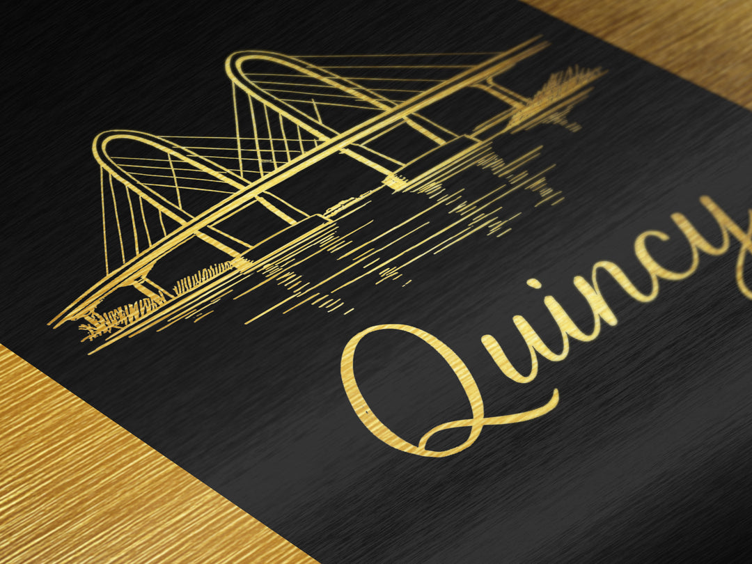 Quincy Massachusetts Travel, Metallic Gold Print, Wood Framed Art, Metal Art, Modern Wall Art, Wanderlust Gift, Living Room Decor