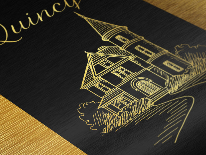 Quincy Massachusetts Art, Metallic Gold Art, Wood Framed Art, Metal Art, Minimalist Wall Art, Anniversary Travel Gift, Home Decor