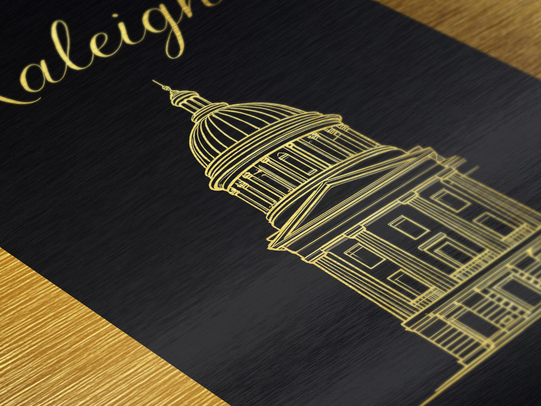 Raleigh North Carolina Travel, Metallic Gold Print, Wood Framed Art, Metal Art, Modern Wall Art, Graduation Travel Gift, Bedroom Decor