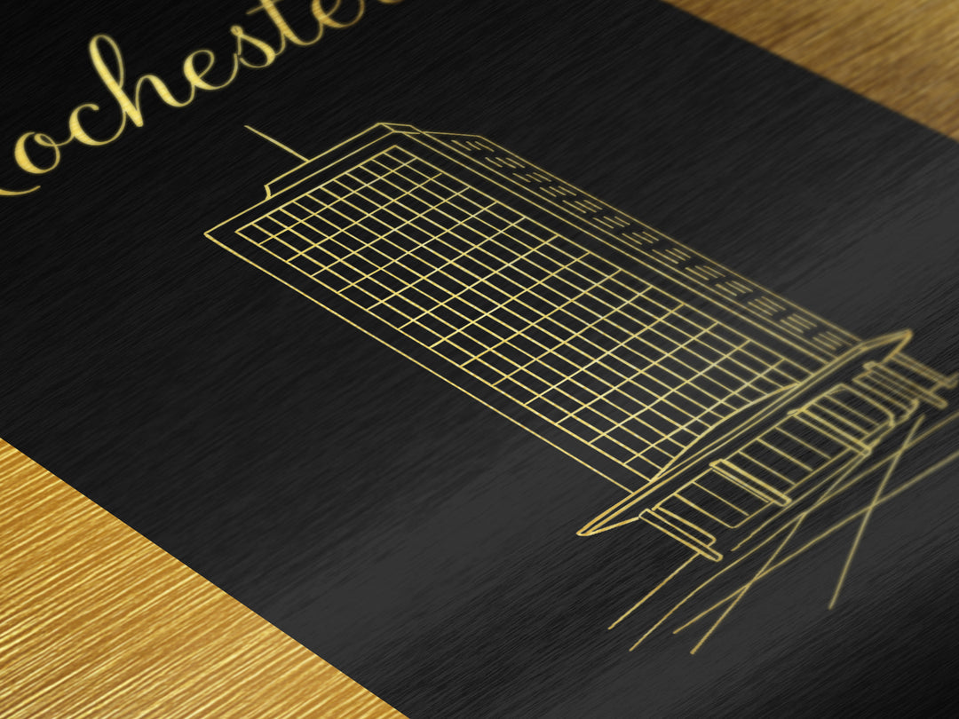 Rochester New York Art, Metallic Gold Art, Wood Framed Art, Metal Art, Minimalist Wall Art, Destination Gift, Living Room Decor