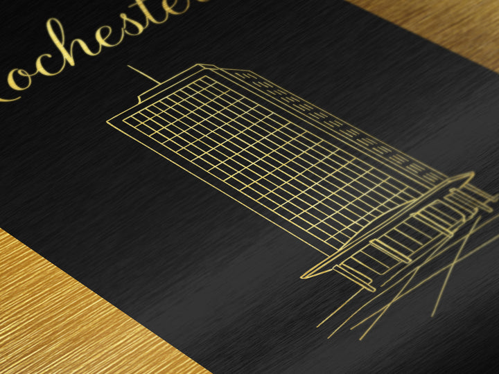 Rochester New York Art, Metallic Gold Art, Wood Framed Art, Metal Art, Minimalist Wall Art, Destination Gift, Living Room Decor