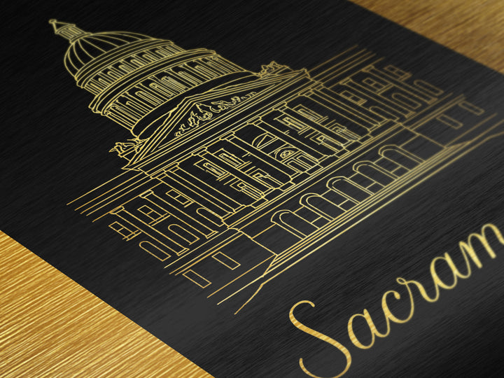 Sacramento California Travel, Metallic Gold Print, Wood Framed Art, Metal Art, Modern Wall Art, Graduation Travel Gift, Bedroom Decor