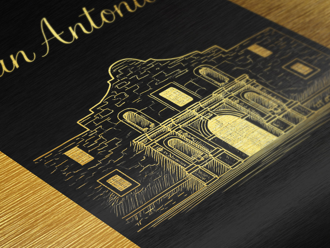 San Antonio Texas Travel, Metallic Gold Print, Wood Framed Art, Metal Art, Minimalist Wall Art, Honeymoon Gift, Bedroom Decor