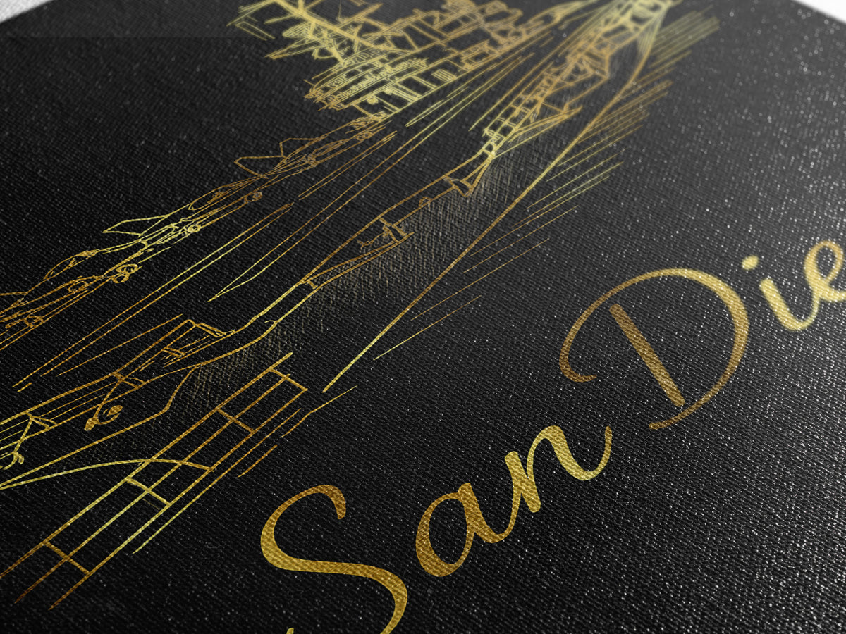 San Diego Travel Poster, Canvas Print, Gold Outline Poster Art, San Diego Travel Art, Travel Poster Art, Travel Wall Art, Home Office Decor