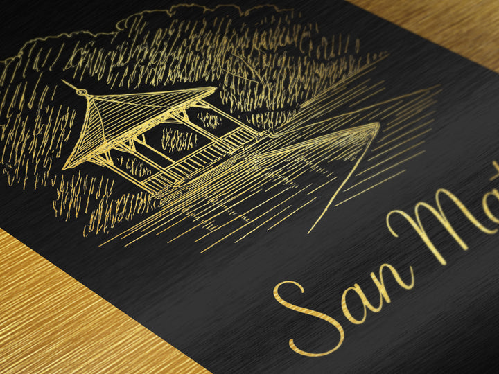 San Mateo California Travel, Metallic Gold Print, Wood Framed Art, Metal Art, Minimalist Wall Art, Destination Gift, Living Room Decor
