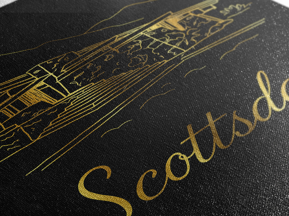 Scottsdale Arizona Travel Poster, Canvas Print, Black Gold Minimalist Art, Scottsdale Art Print, Mid Century Wall Art, Wanderlust Decor