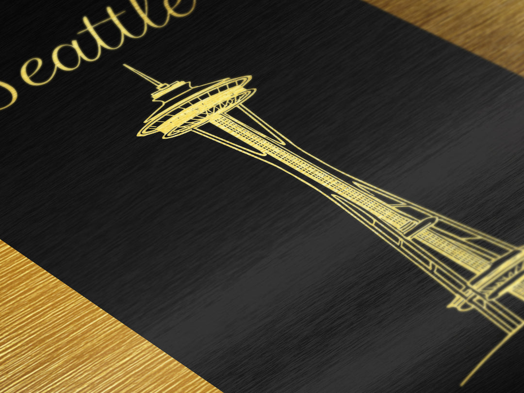 Seattle Washington Travel, Metallic Gold Print, Wood Framed Art, Metal Art, Modern Wall Art, Wanderlust Gift, Living Room Decor
