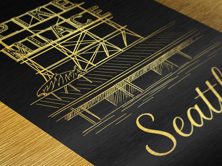 Seattle Washington Art, Metallic Gold Art, Wood Framed Art, Metal Art, Minimalist Wall Art, Anniversary Travel Gift, Bedroom Decor