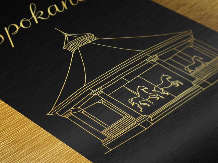 Spokane Washington Travel, Metallic Gold Print, Wood Framed Art, Metal Art, Minimalist Wall Art, Destination Gift, Living Room Decor