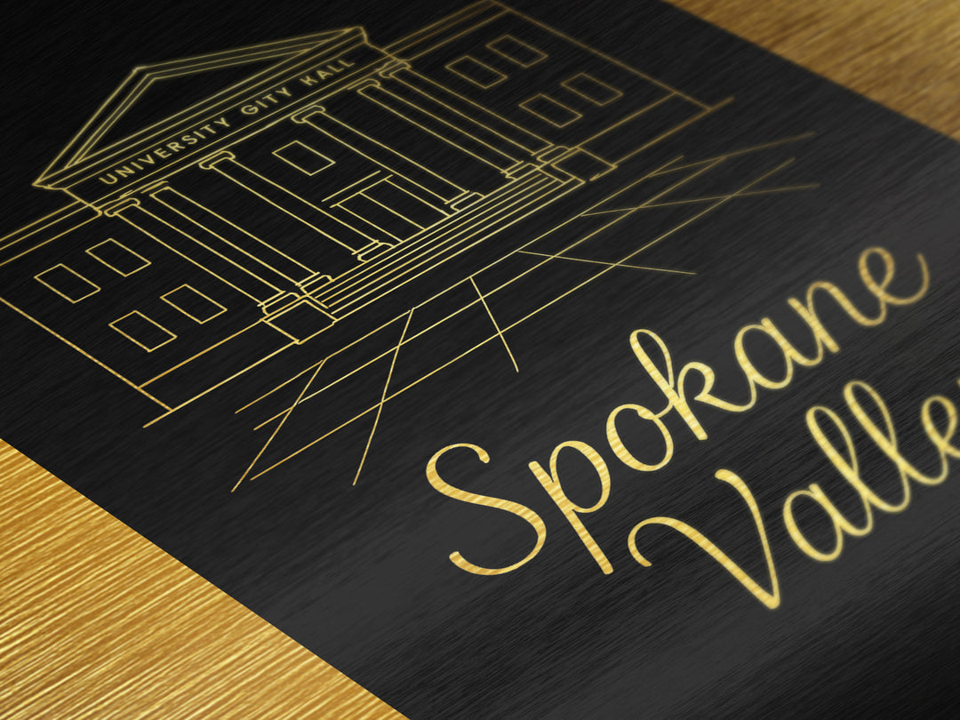 Spokane Valley Washington Travel, Metallic Gold Print, Wood Framed Art, Metal Art, Minimalist Wall Art, Birthday Travel Gift, Home Decor