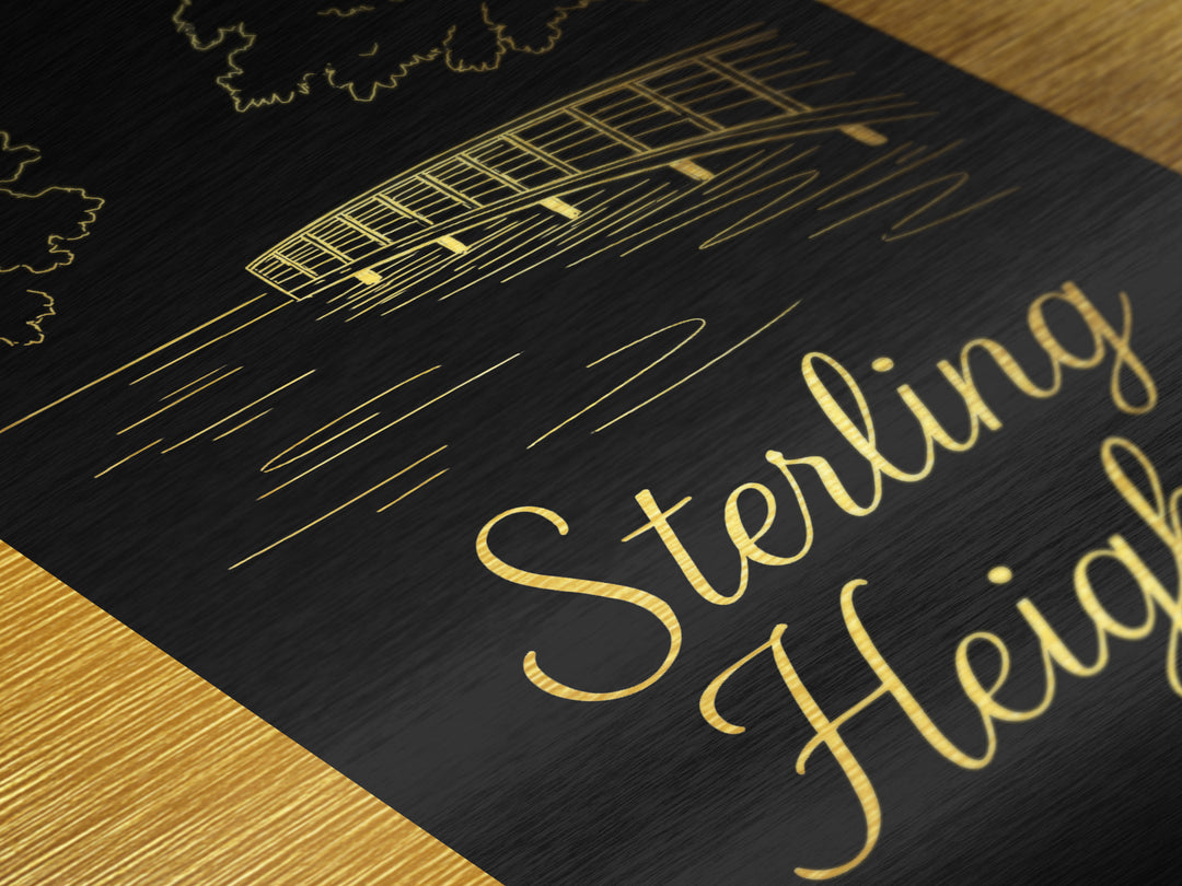 Sterling Heights Michigan Art, Metallic Gold Art, Wood Framed Art, Metal Art, Modern House Art, Birthday Travel Gift, Home Decor