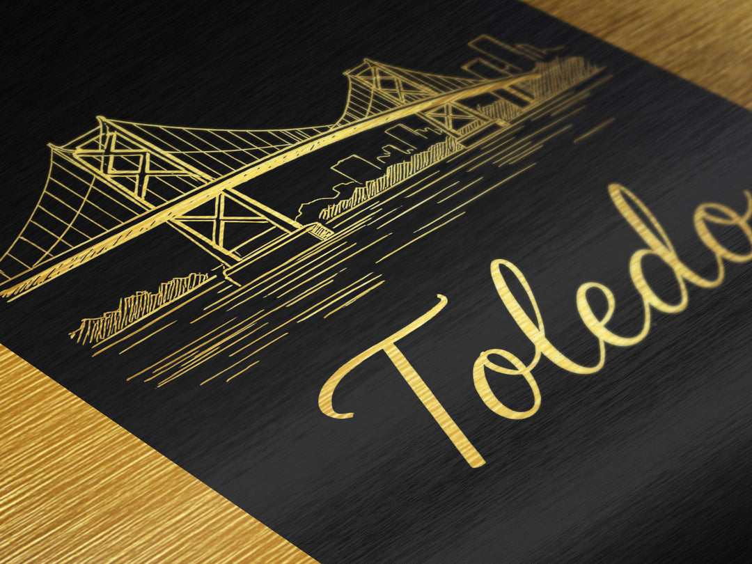 Toledo Ohio Art, Metallic Gold Art, Wood Framed Art, Metal Art, Minimalist Wall Art, Honeymoon Gift, Bedroom Decor