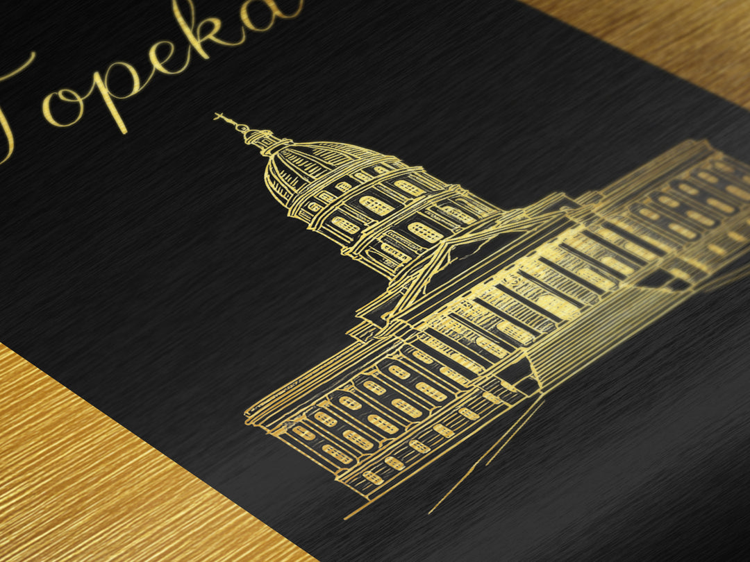 Topeka Kansas Travel, Metallic Gold Print, Wood Framed Art, Metal Art, Modern House Art, Birthday Travel Gift, Living Room Decor